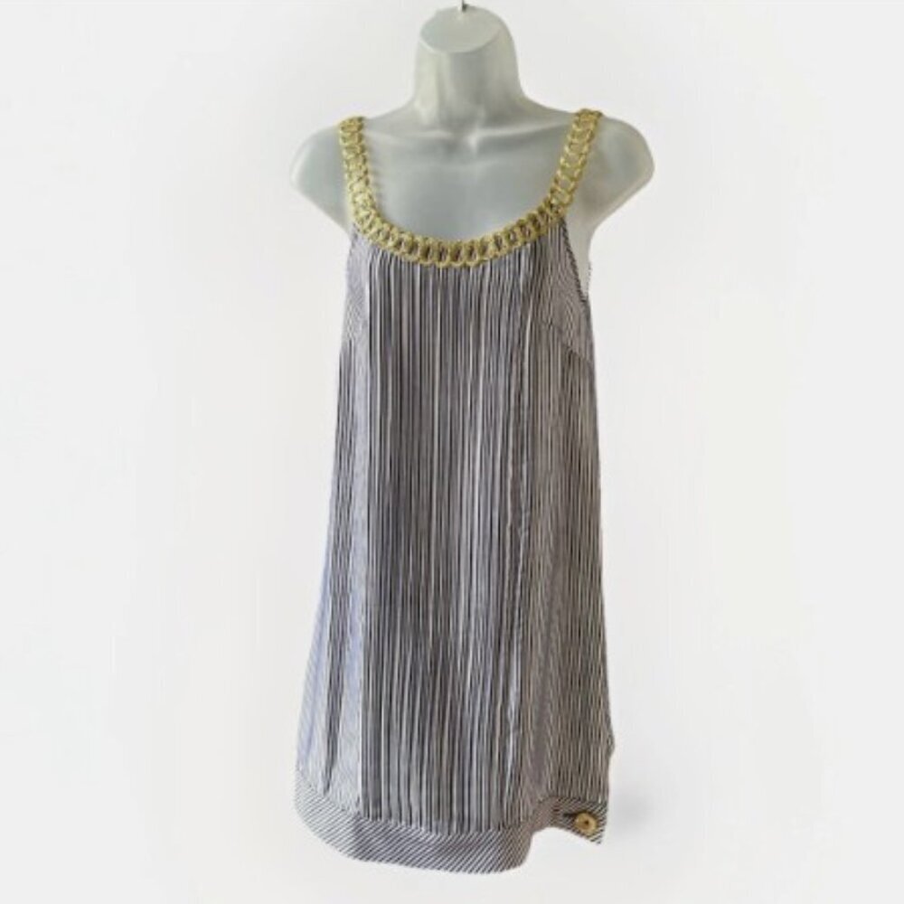 Julie Haus Silk Shift Dress Blue White Gold Chain Women’s Size XS Nautical